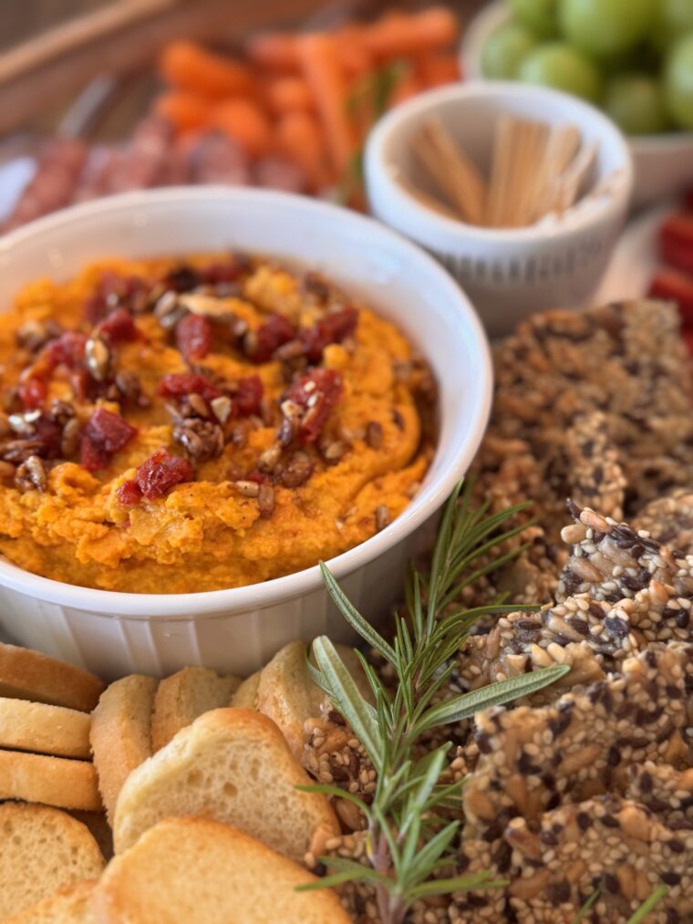 Roasted Carrot Hummus and Rosemary Seed Crackers